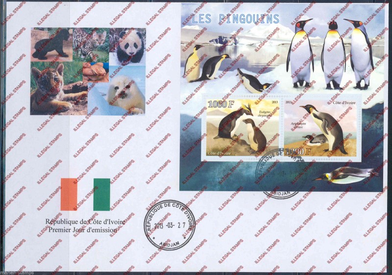 Ivory Coast 2013 Penguins Illegal Stamp Souvenir Sheet on Fake First Day Cover