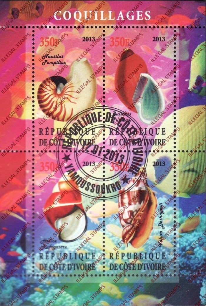 Ivory Coast 2013 Shells Illegal Stamp Souvenir Sheet of 4