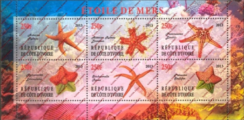 Ivory Coast 2013 Starfish Illegal Stamp Sheetlet of 6
