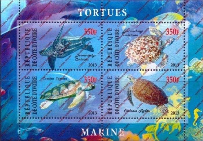 Ivory Coast 2013 Turtles Illegal Stamp Souvenir Sheet of 4