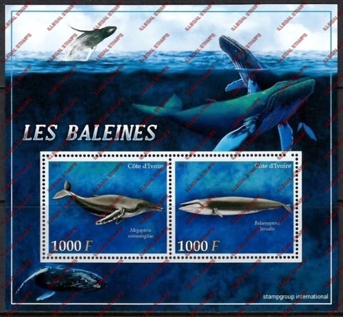 Ivory Coast 2013 Whales Illegal Stamp Souvenir Sheet of 2