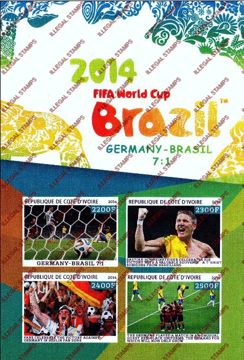 Ivory Coast 2014 World Cup Soccer Illegal Stamp Souvenir Sheet of 4