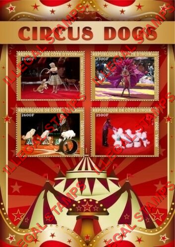 Ivory Coast 2015 Circus Dogs Illegal Stamp Souvenir Sheet of 4