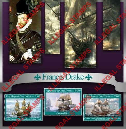Ivory Coast 2015 Sailing Ships Sir Francis Drake Illegal Stamp Souvenir Sheet of 3