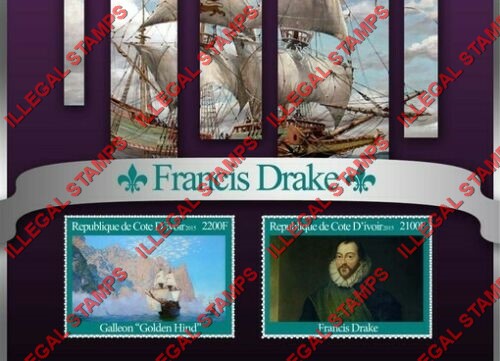 Ivory Coast 2015 Sailing Ships Sir Francis Drake Illegal Stamp Souvenir Sheet of 2