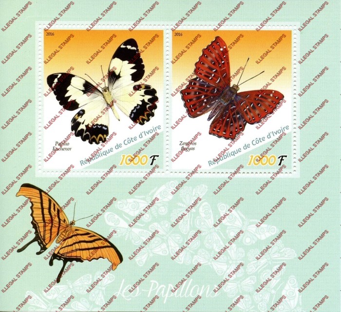Ivory Coast 2016 Butterflies Illegal Stamp Souvenir Sheet of 2