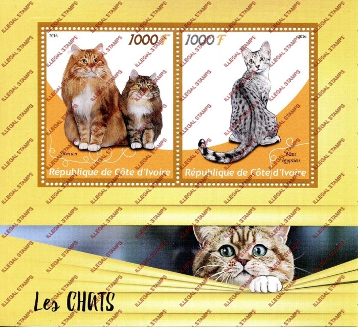 Ivory Coast 2016 Cats Illegal Stamp Souvenir Sheet of 2
