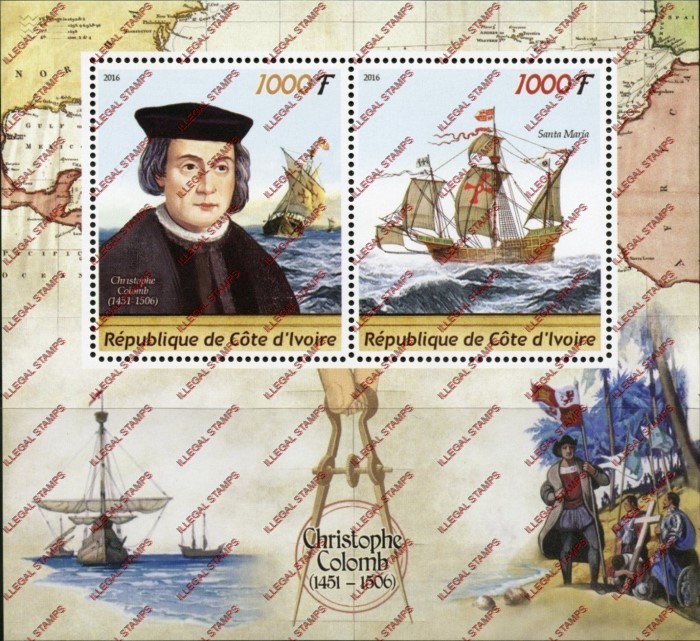 Ivory Coast 2016 Columbus Illegal Stamp Souvenir Sheet of 2