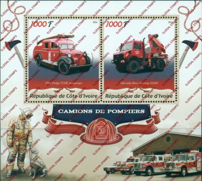 Ivory Coast 2016 Fire Engines Illegal Stamp Souvenir Sheet of 2