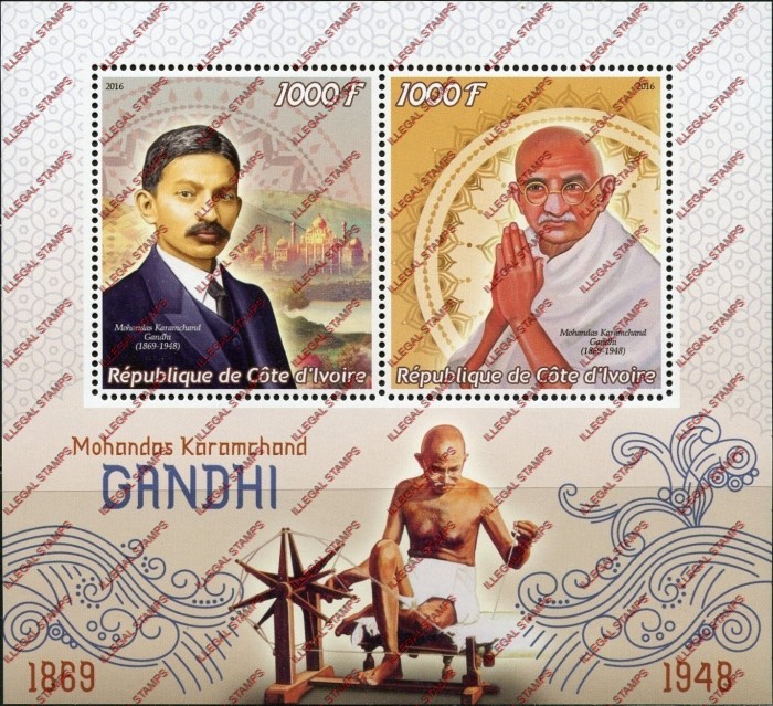 Ivory Coast 2016 Gandhi Illegal Stamp Souvenir Sheet of 2