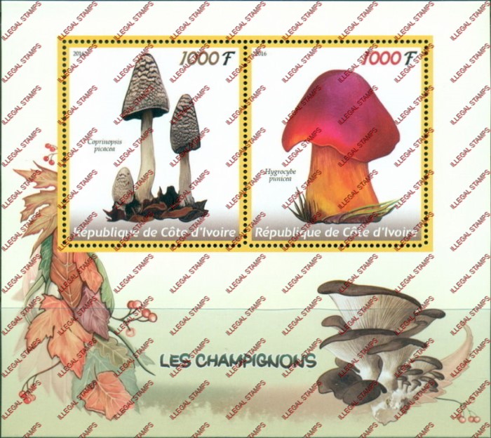 Ivory Coast 2016 Mushrooms Illegal Stamp Souvenir Sheet of 2
