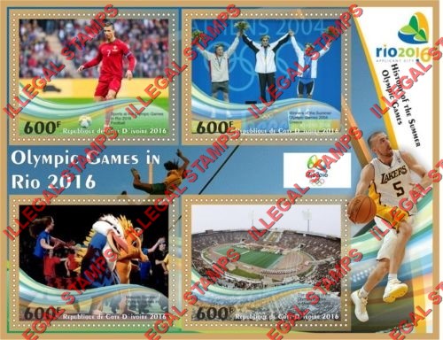 Ivory Coast 2016 History of the Summer Olympic Games Illegal Stamp Souvenir Sheet of 4