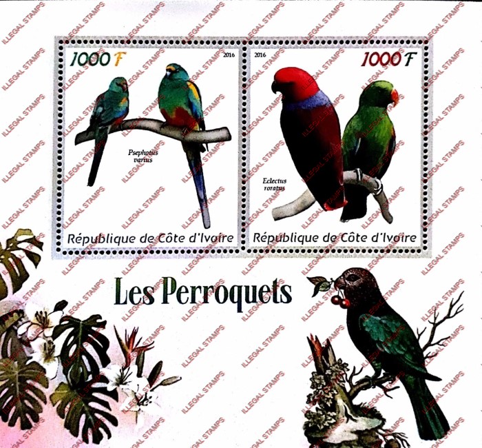 Ivory Coast 2016 Parrots Illegal Stamp Souvenir Sheet of 2