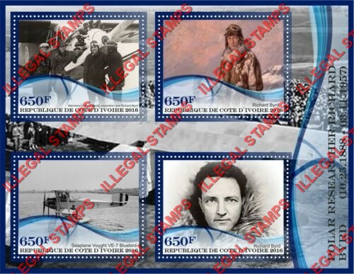 Ivory Coast 2016 Richard Byrd Illegal Stamp Souvenir Sheet of 4