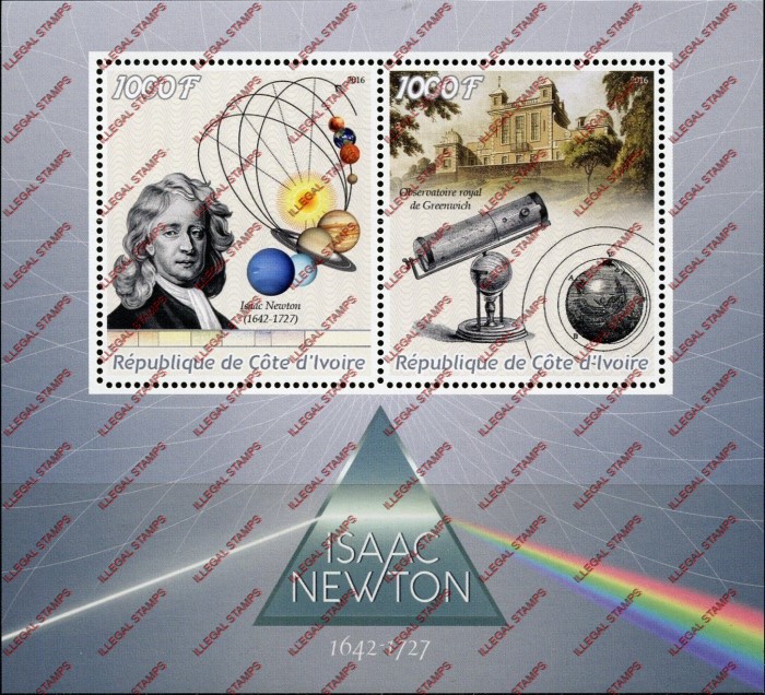 Ivory Coast 2016 Science Isaac Newton Illegal Stamp Souvenir Sheet of 2