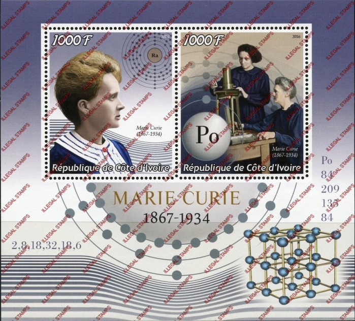 Ivory Coast 2016 Science Marie Curie Illegal Stamp Souvenir Sheet of 2