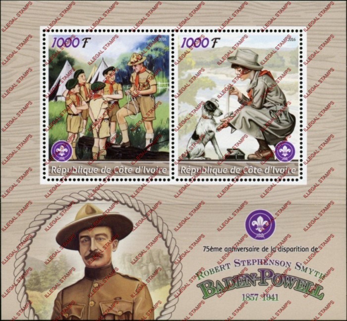 Ivory Coast 2016 Scouts Baden Powell Illegal Stamp Souvenir Sheet of 2