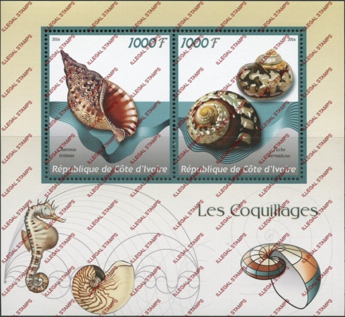 Ivory Coast 2016 Sea Shells Illegal Stamp Souvenir Sheet of 2