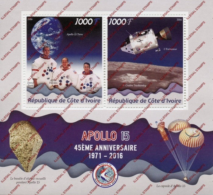Ivory Coast 2016 Space Apollo 15 Illegal Stamp Souvenir Sheet of 2