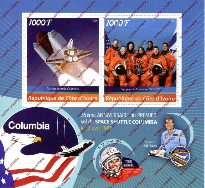 Ivory Coast 2016 Space Shuttle Columbia Illegal Stamp Souvenir Sheet of 2