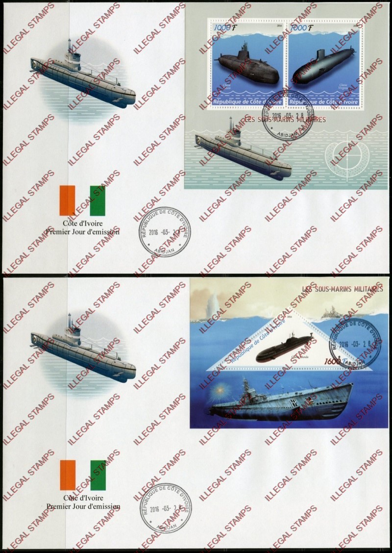 Ivory Coast 2016 Submarines Illegal Stamp Souvenir Sheets on Fake First Day Covers