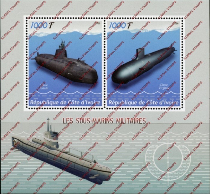 Ivory Coast 2016 Submarines Illegal Stamp Souvenir Sheet of 2