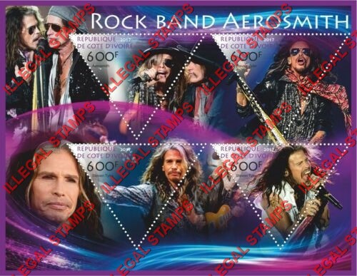 Ivory Coast 2017 Aerosmith Rock Band Steven Tyler Illegal Stamp Souvenir Sheet of 4