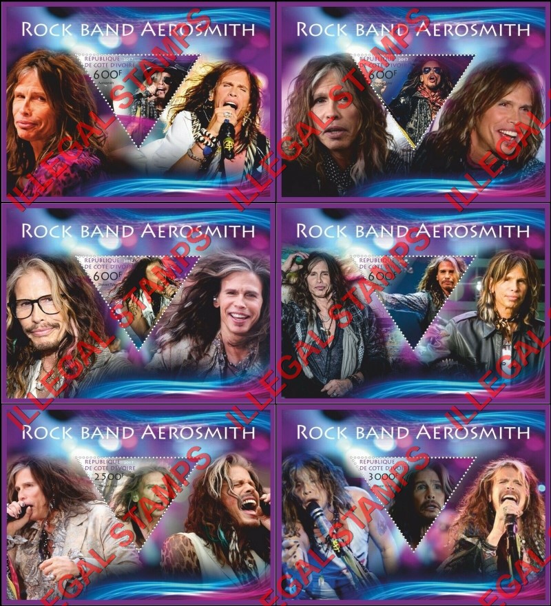 Ivory Coast 2017 Aerosmith Rock Band Steven Tyler Illegal Stamp Souvenir Sheets of 1