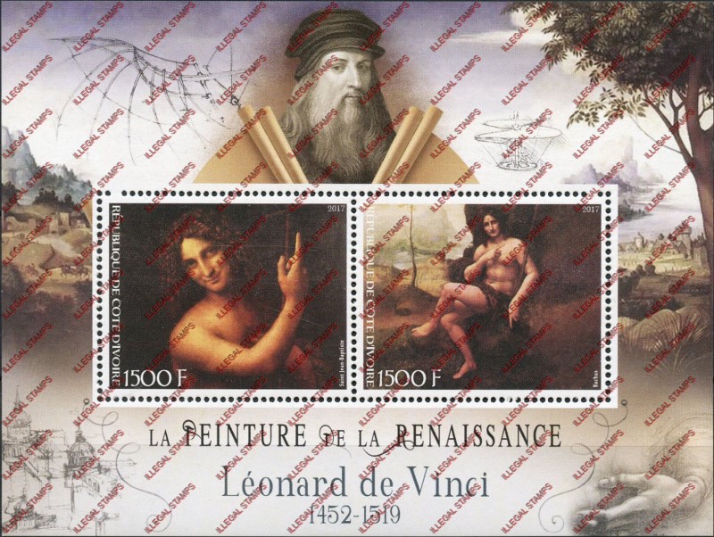 Ivory Coast 2017 Art Paintings Leonard de Vinci Illegal Stamp Souvenir Sheet of 2