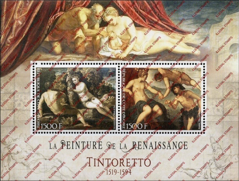 Ivory Coast 2017 Art Paintings Tintoretto Illegal Stamp Souvenir Sheet of 2
