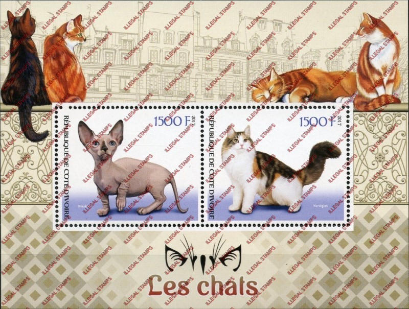 Ivory Coast 2017 Cats Illegal Stamp Souvenir Sheet of 2