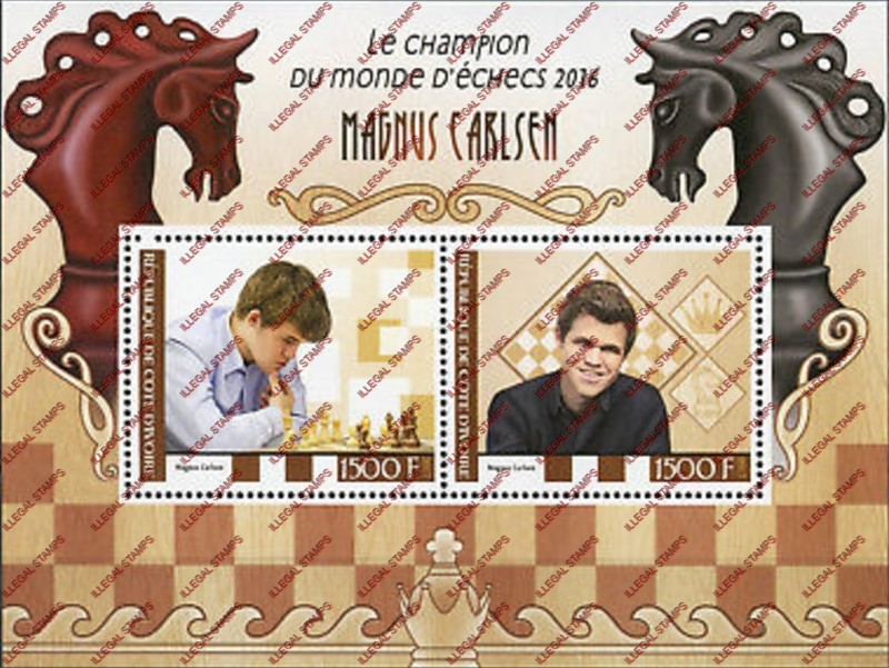 Ivory Coast 2017 Chess Magnus Carlsen Illegal Stamp Souvenir Sheet of 2