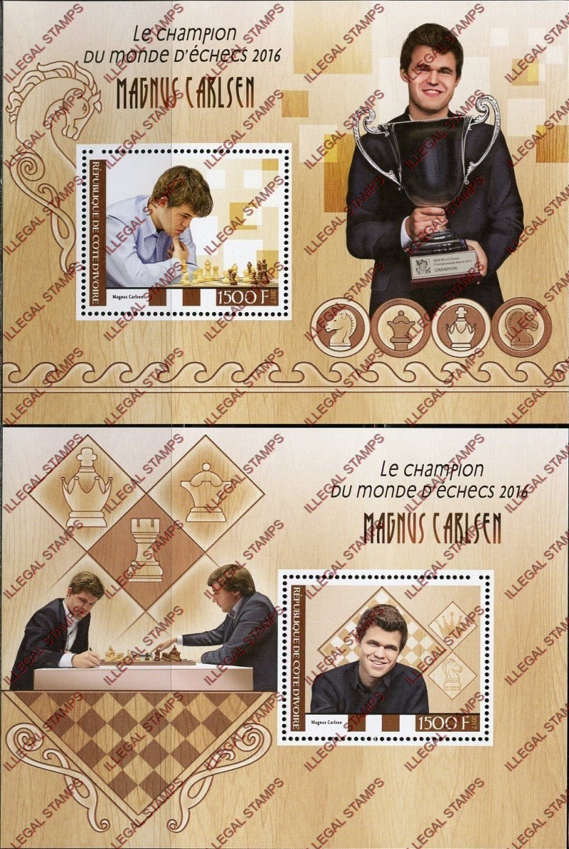 Ivory Coast 2017 Chess Magnus Carlsen Illegal Stamp Souvenir Sheets of 1