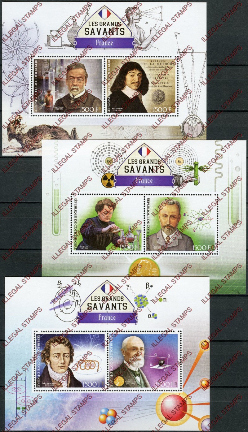 Ivory Coast 2017 Great French Scientists Illegal Stamp Souvenir Sheets of 2