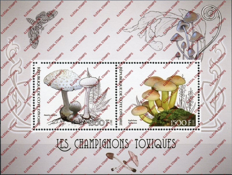 Ivory Coast 2017 Mushrooms Toxic Illegal Stamp Souvenir Sheet of 2