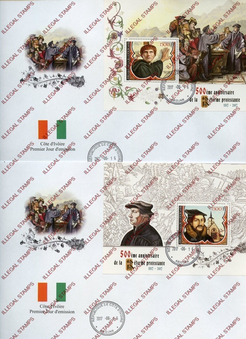 Ivory Coast 2017 Protestant Reformation Illegal Stamp Souvenir Sheets on Fake First Day Covers