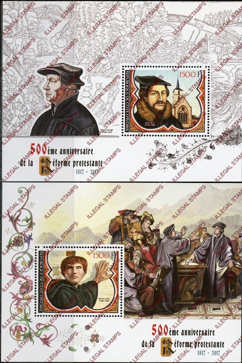 Ivory Coast 2017 Protestant Reformation Illegal Stamp Souvenir Sheets of 1
