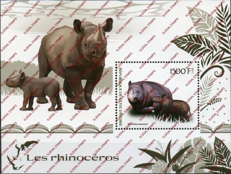 Ivory Coast 2017 Rhinos Illegal Stamp Souvenir Sheet of 1