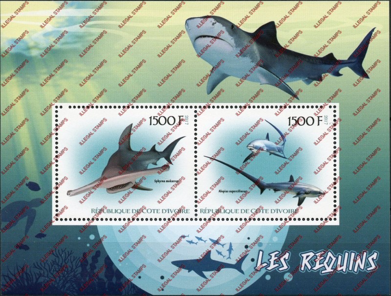Ivory Coast 2017 Sharks Illegal Stamp Souvenir Sheet of 2