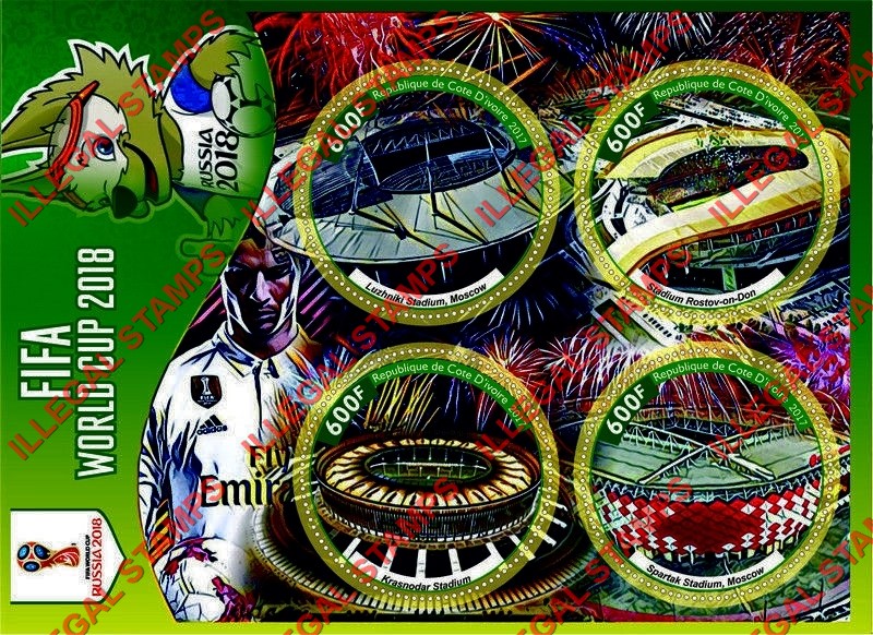 Ivory Coast 2017 World Cup Soccer (Football) Stadiums Illegal Stamp Souvenir Sheet of 4