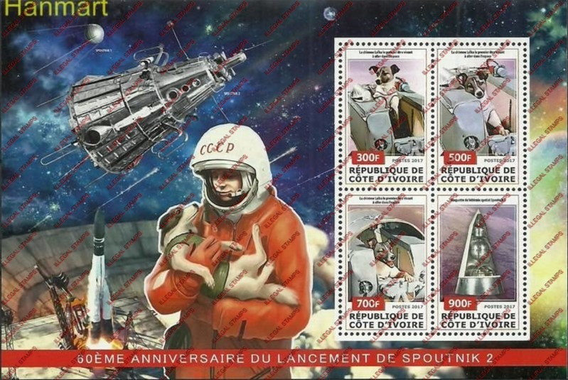 Ivory Coast 2017 Space Sputnik 2 Russia Illegal Stamp Souvenir Sheet of 4
