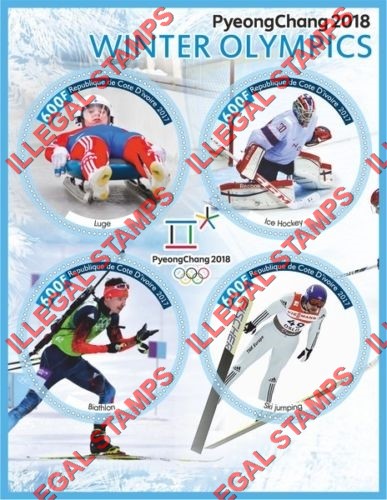 Ivory Coast 2017 Winter Olympics PyeongChang 2018 Illegal Stamp Souvenir Sheet of 4