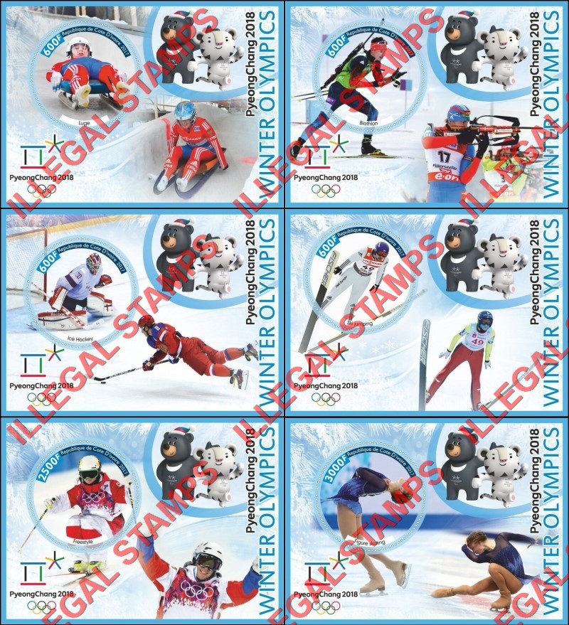 Ivory Coast 2017 Winter Olympics PyeongChang 2018 Illegal Stamp Souvenir Sheets of 1
