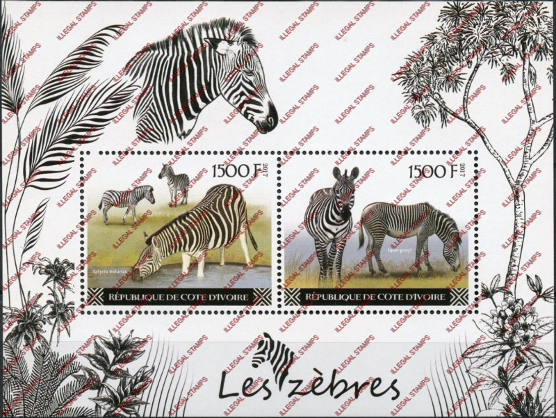 Ivory Coast 2017 Zebras Illegal Stamp Souvenir Sheet of 2