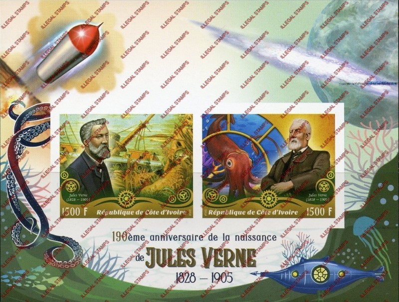Ivory Coast 2018 Anniversaries Birth of Jules Verne Illegal Stamp Souvenir Sheet of 2