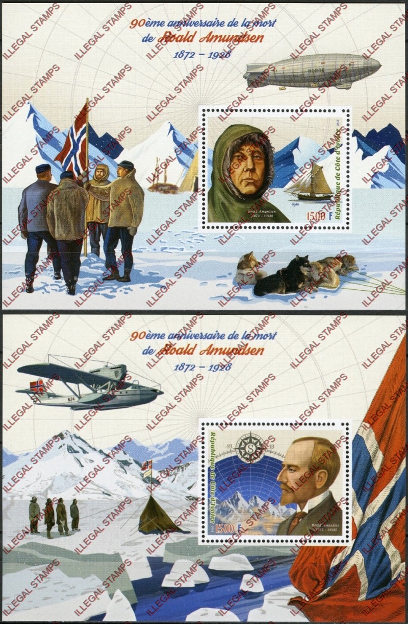 Ivory Coast 2018 Anniversaries Death of Roald Amundsen Illegal Stamp Souvenir Sheets of 1