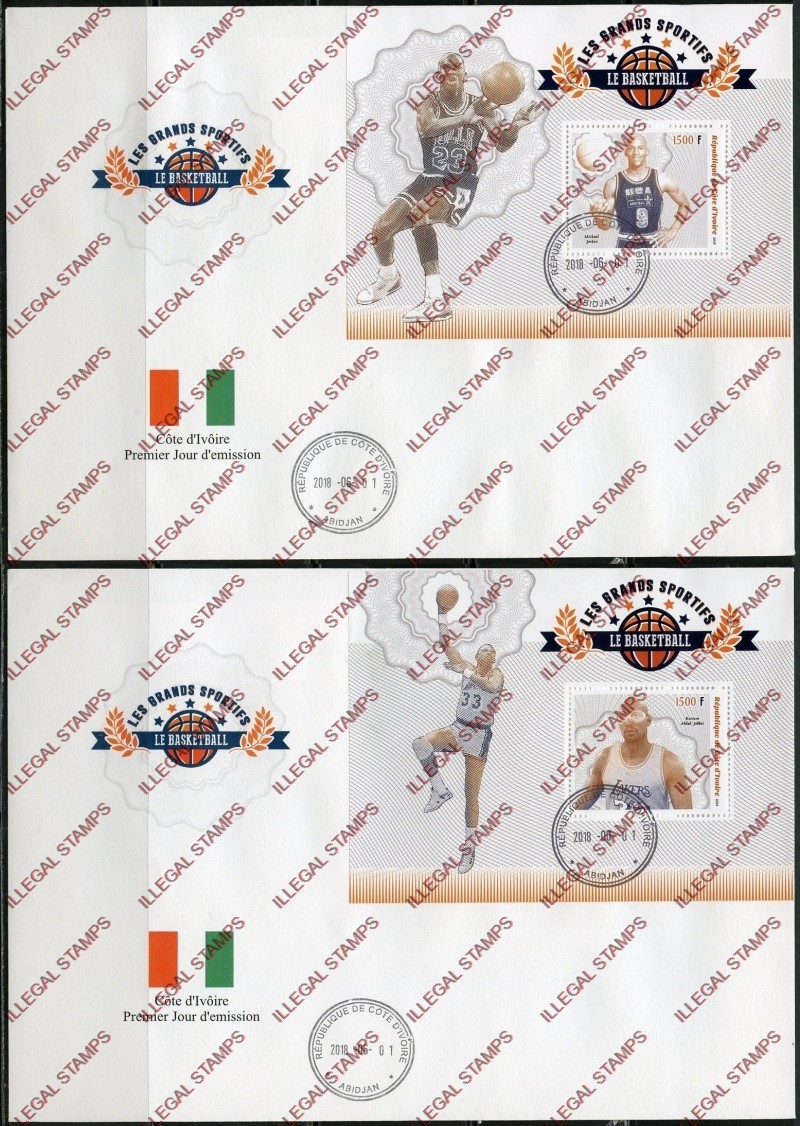 Ivory Coast 2018 Basketball Illegal Stamp Souvenir Sheets on Fake First Day Covers