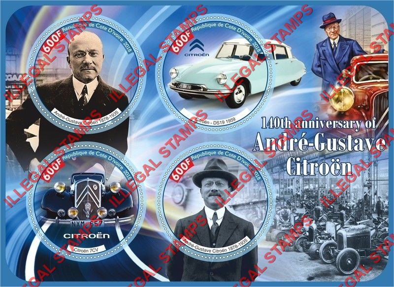 Ivory Coast 2018 Cars 140th Anniversary of Andre-Gustave Citroen Illegal Stamp Souvenir Sheet of 4