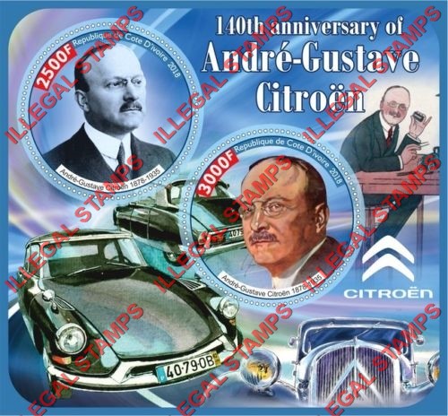 Ivory Coast 2018 Cars 140th Anniversary of Andre-Gustave Citroen Illegal Stamp Souvenir Sheet of 2