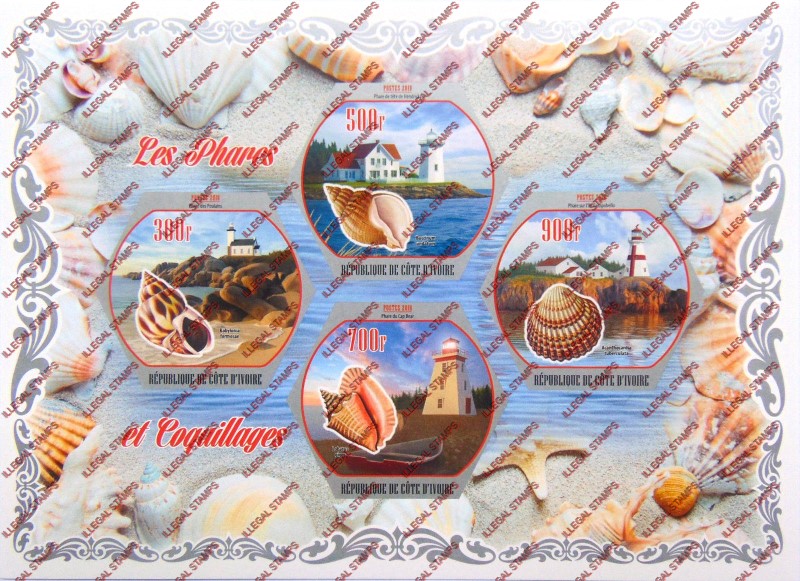 Ivory Coast 2018 Lighthouses and Shells Illegal Stamp Souvenir Sheet of 4